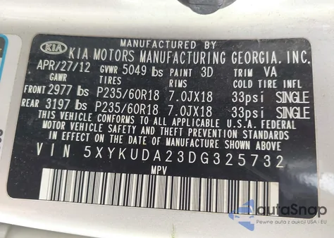 2013 Kia Sorento Ex V6 из США, поврежденный, VIN 5XYKUDA23DG325732